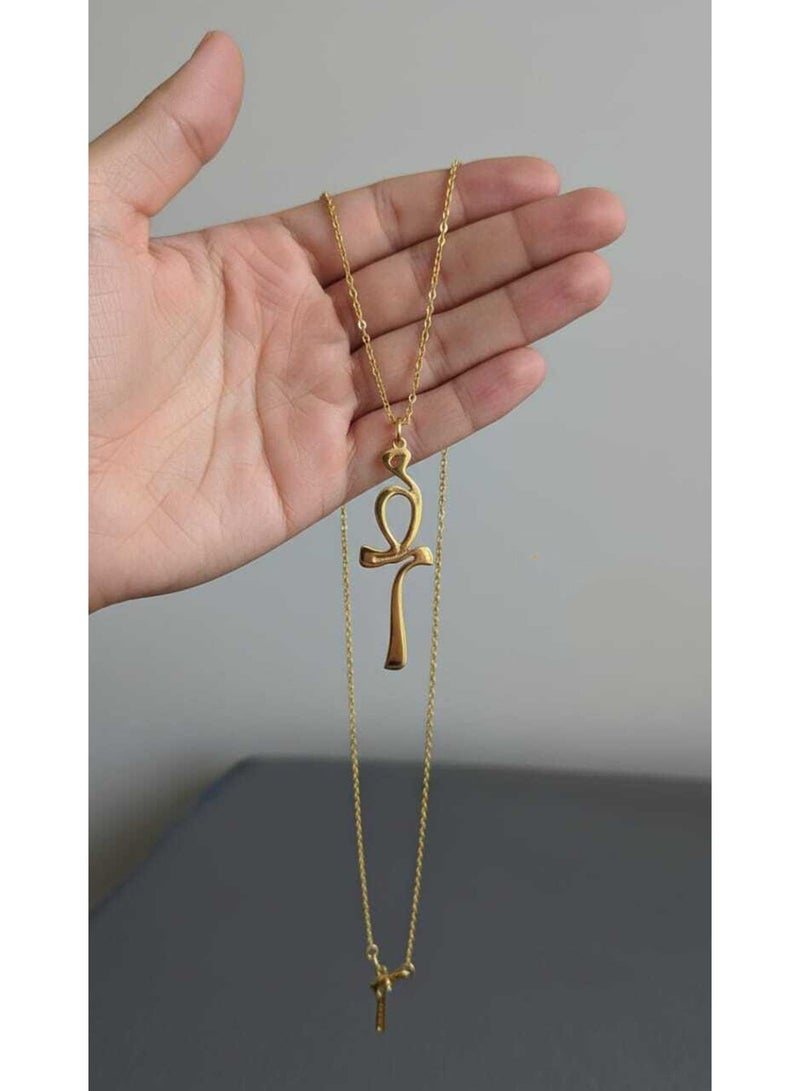 Julia Store 18K Gold Plated Stainless Steel Ancient Egypt Life Key Jewelry 18K Gold Plated Ankh Key Pharaoh Pendant Pharaoh Pendants with Chain 50cm Gift Women Men Best Seller - Image 2
